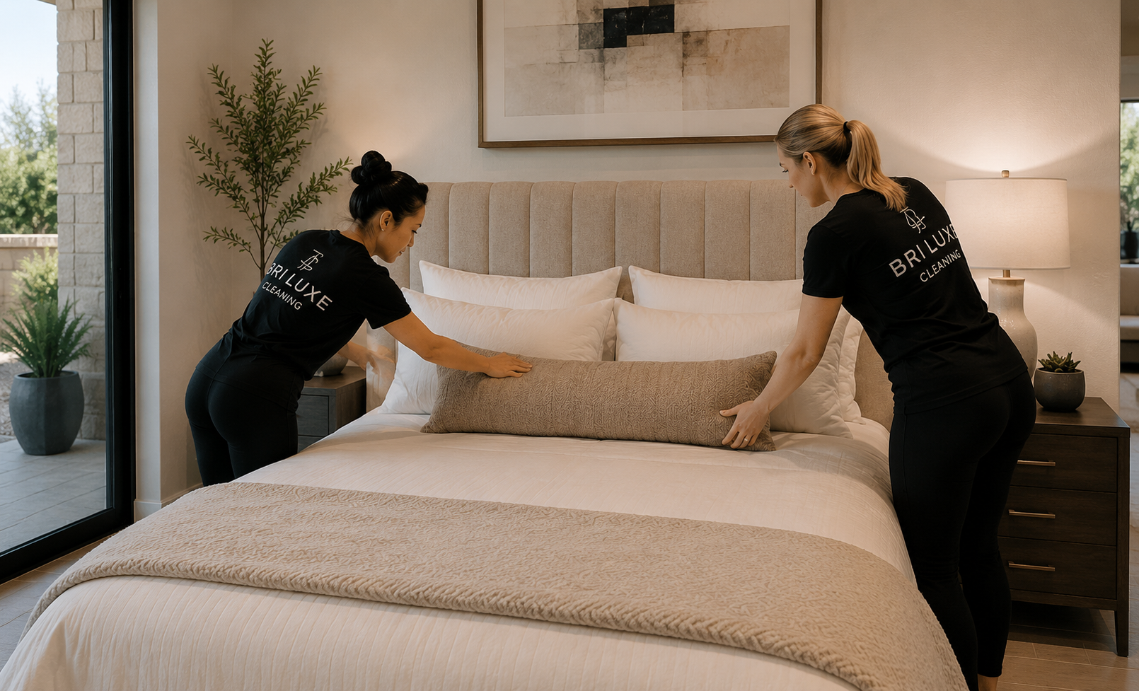 Bri Luxe Cleaning team styling a luxury bedroom to a polished guest-ready standard