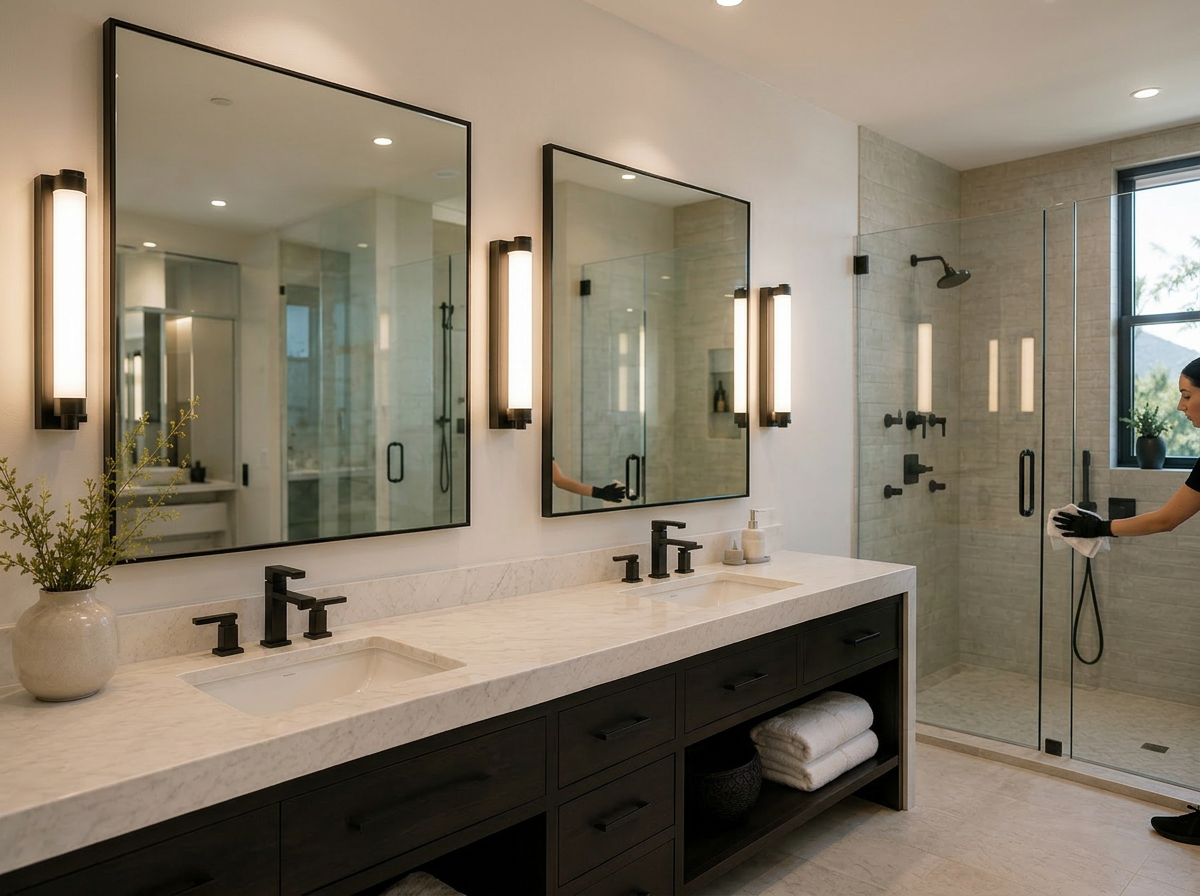Luxury primary bathroom with double vanities, marble countertops, and a glass shower