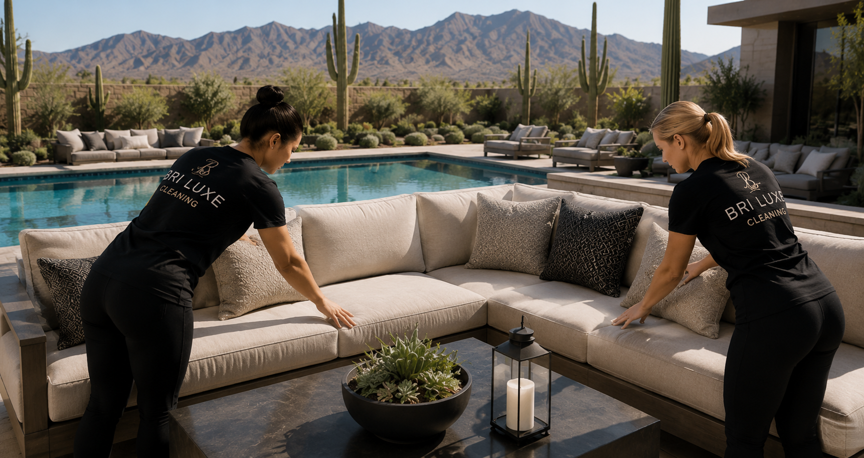 Bri Luxe Cleaning team preparing an outdoor luxury seating area beside a resort-style pool