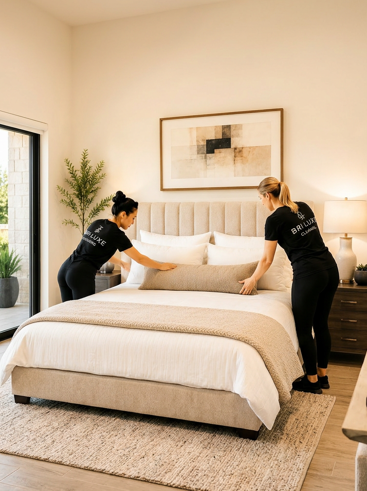 Bri Luxe Cleaning team members preparing a guest-ready bedroom