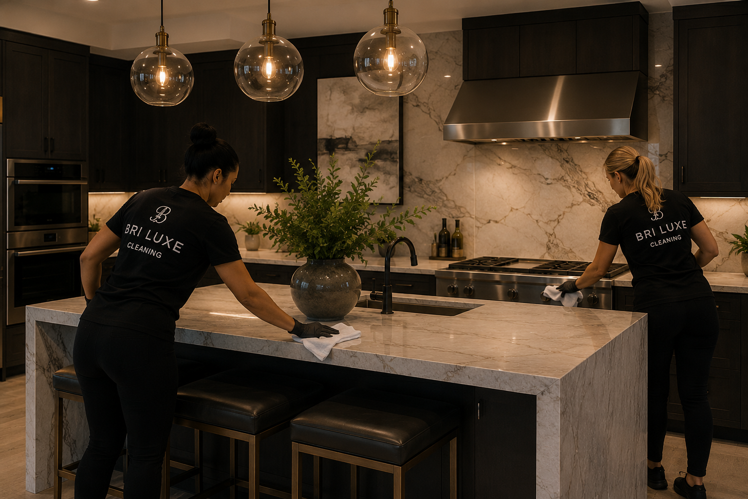 Bri Luxe Cleaning team cleaning a luxury kitchen with marble finishes and premium fixtures